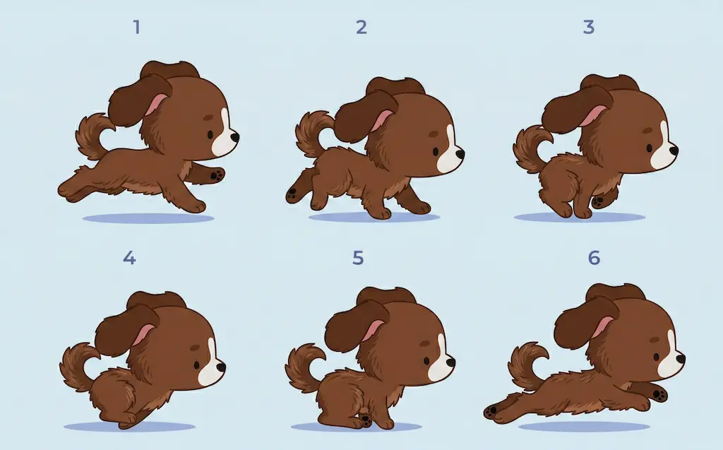 6-frame sequence of a dog running cycle illustrating the meaning of frame-by-frame animation.