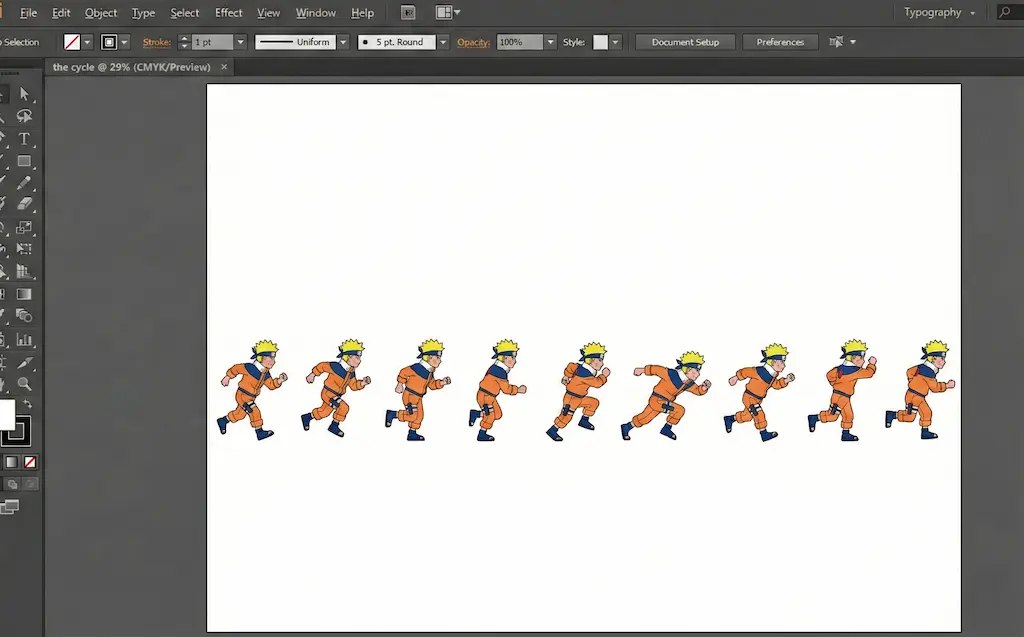 Digital software interface showing a character running cycle as an example of frame-by-frame animation.