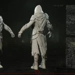 3D rogue character wireframe render with UV maps and polycount for game design optimization.