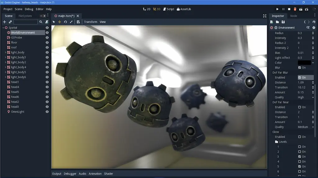 Godot Engine editor showing 3D rendering of mechanical models, scene tree, and inspector for 2026 game development.