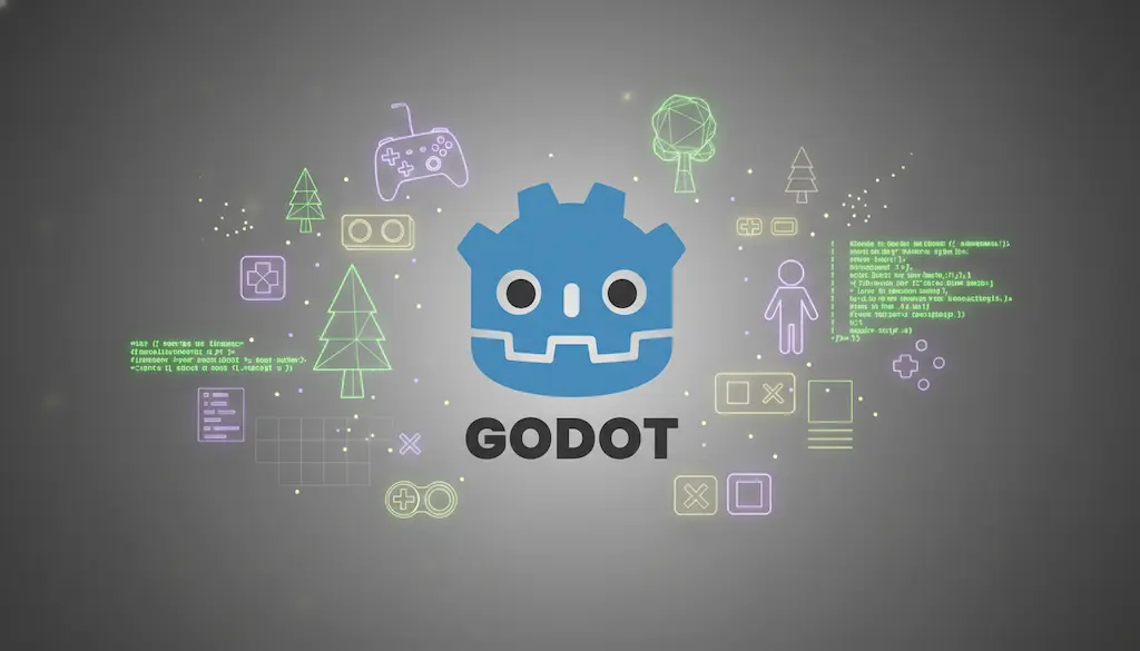 Godot Engine logo surrounded by glowing icons representing internal systems, game assets, and core architecture.