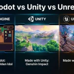 Games made with Godot (Golden Idol), Unity (Genshin Impact), and Unreal Engine (Fortnite) compared for 2026 development.