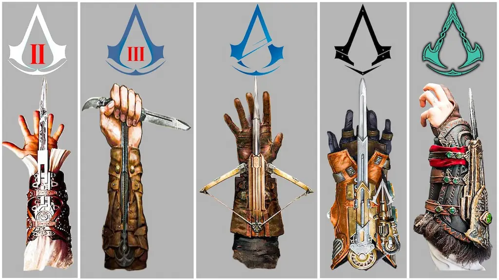 Evolution of the Hidden Blade in Assassin's Creed showing five different gauntlet designs and blades with game logos.