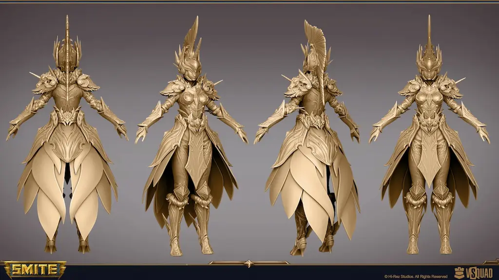 High-poly 3D character sculpt turnaround showing detailed fantasy unicorn armor for game design visualization.