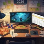 Indie developer desk in 2026 with budget spreadsheets, game art, and a whiteboard showing game development costs.