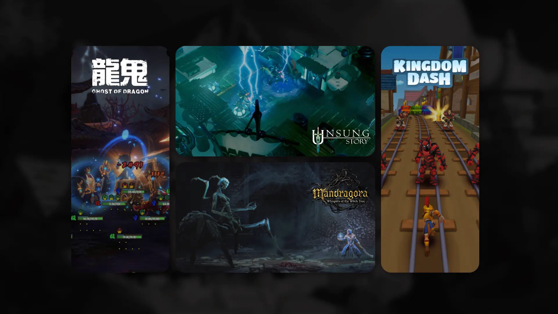 Collage of indie game screenshots featuring Ghost of Dragon, Unsung Story, Mandragora, and Kingdom Dash.