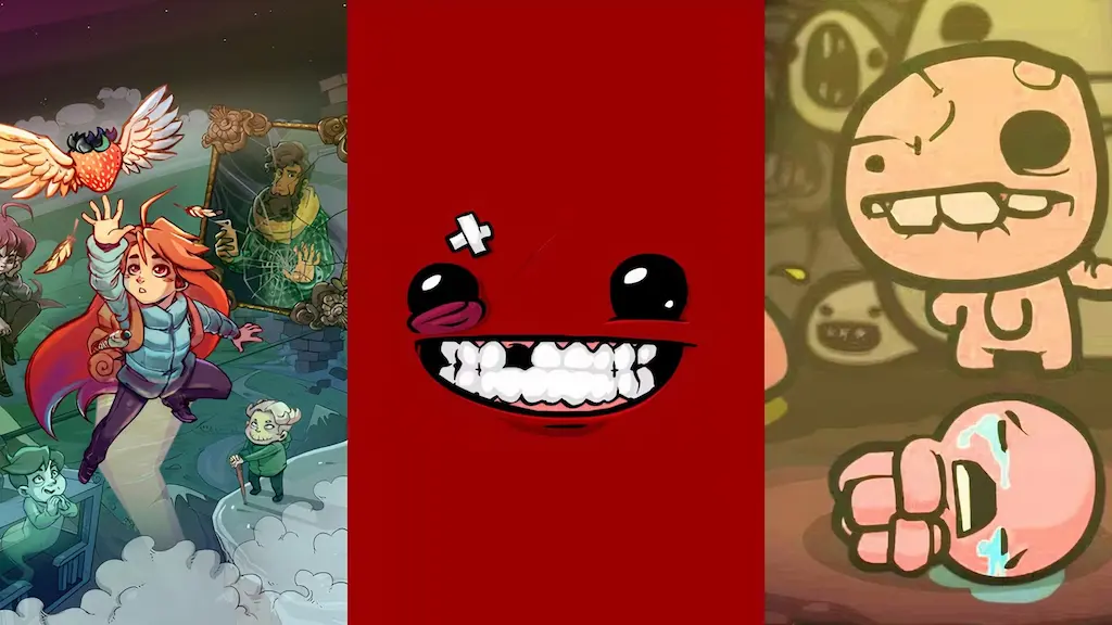 Collage of Celeste, Super Meat Boy, and The Binding of Isaac showing different project scopes for indie budget breakdowns.