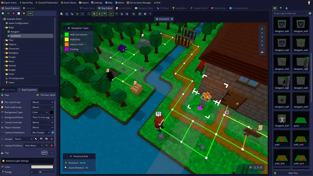 Godot Engine map editor with visual pathfinding tools, demonstrating the beginner-friendly interface for game development.
