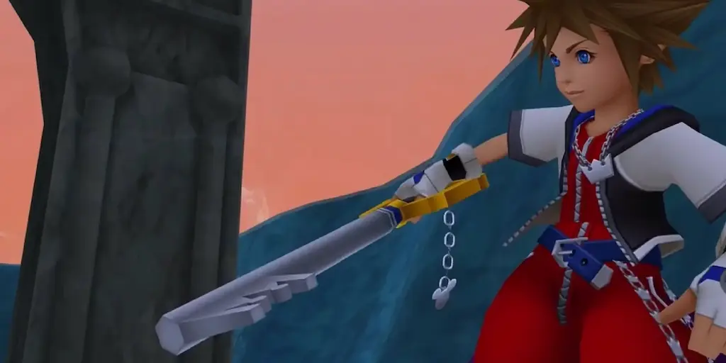 Sora from Kingdom Hearts wielding the iconic Kingdom Key Keyblade against a stylized sunset background.