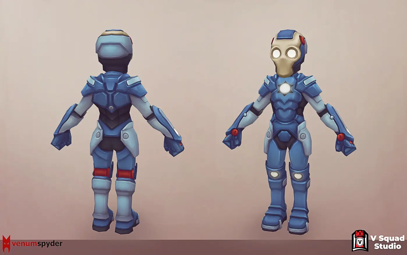 Futuristic blue sci-fi suit 3D character with glowing chest piece and mask for Kingdom Dash project.