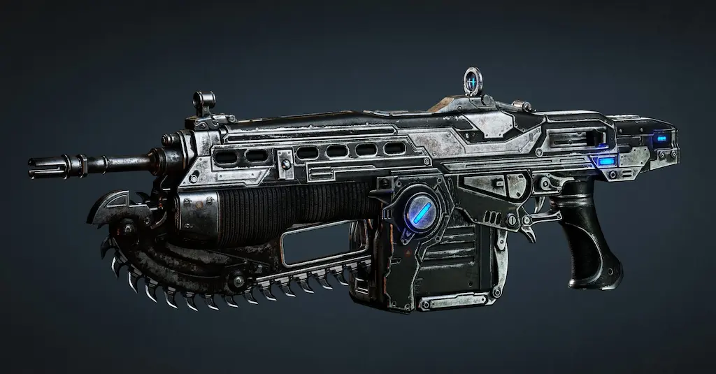 Lancer Assault Rifle from Gears of War featuring its signature integrated chainsaw bayonet and metallic industrial finish.