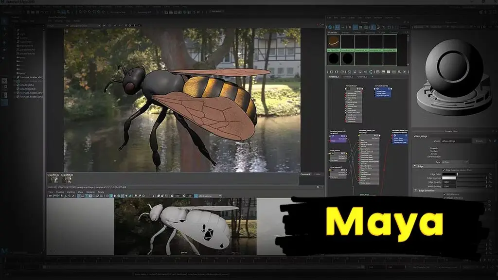Autodesk Maya interface showcasing a 3D bee model and material nodes for game development.