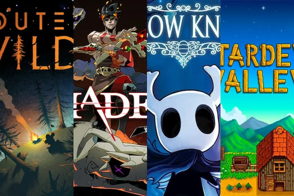 Collage of Hades, Hollow Knight, Stardew Valley, and Outer Wilds representing success in the modern indie game market.