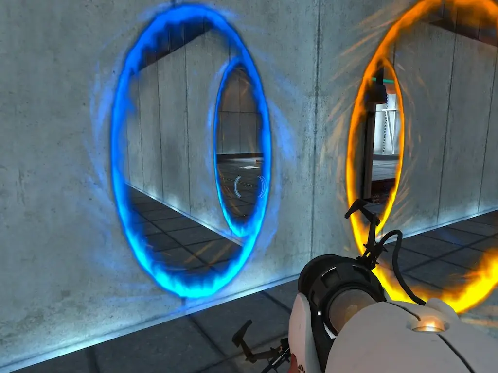 First-person view of the Portal Gun creating blue and orange portals on concrete walls in an Aperture Science test chamber.