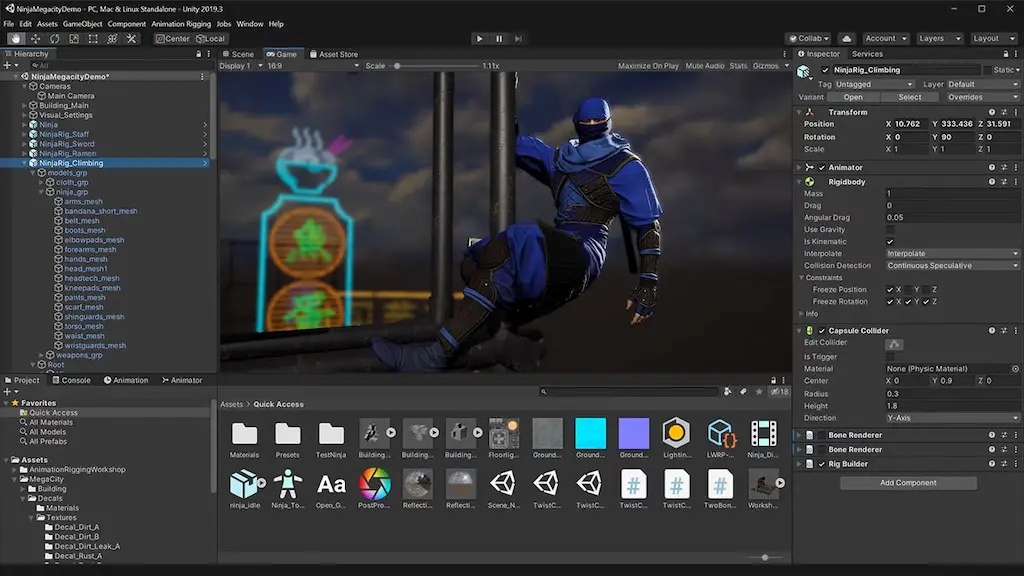 Unity Engine editor interface showing 3D character development, inspector panels, and project asset management.