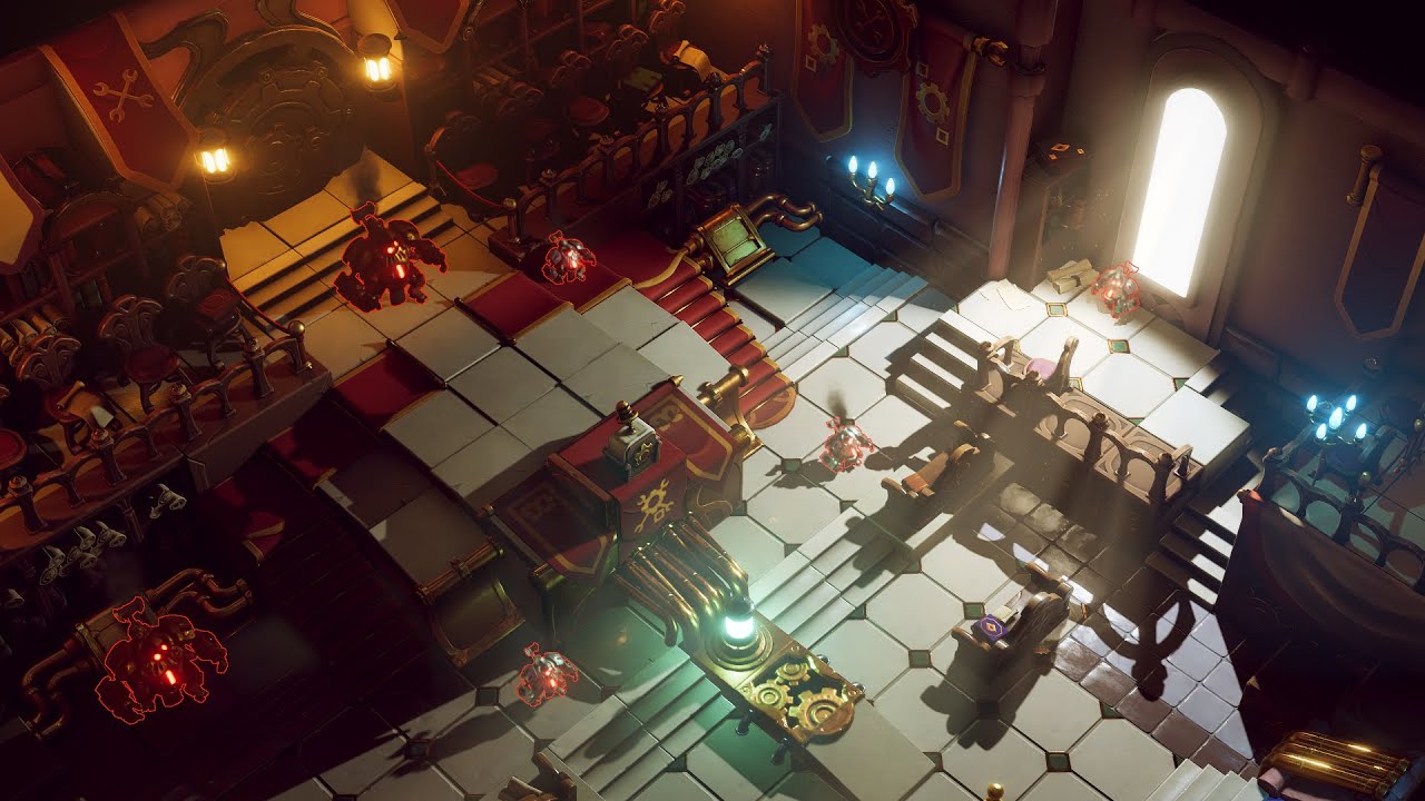Isometric indie game level design of a steampunk workshop with atmospheric light rays and detailed mechanical assets.