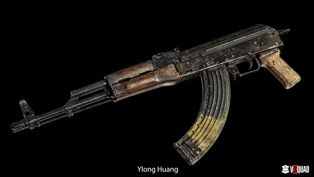 High-poly 3D model of an AKM assault rifle with realistic wood and metal wear, created by VSQUAD Studio artists.