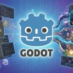 Godot Engine logo surrounded by code snippets, 3D models, and fantasy game art for a beginner development guide.