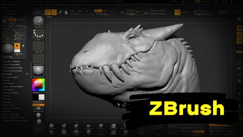 ZBrush software interface featuring a high-detail 3D creature sculpt for game assets.
