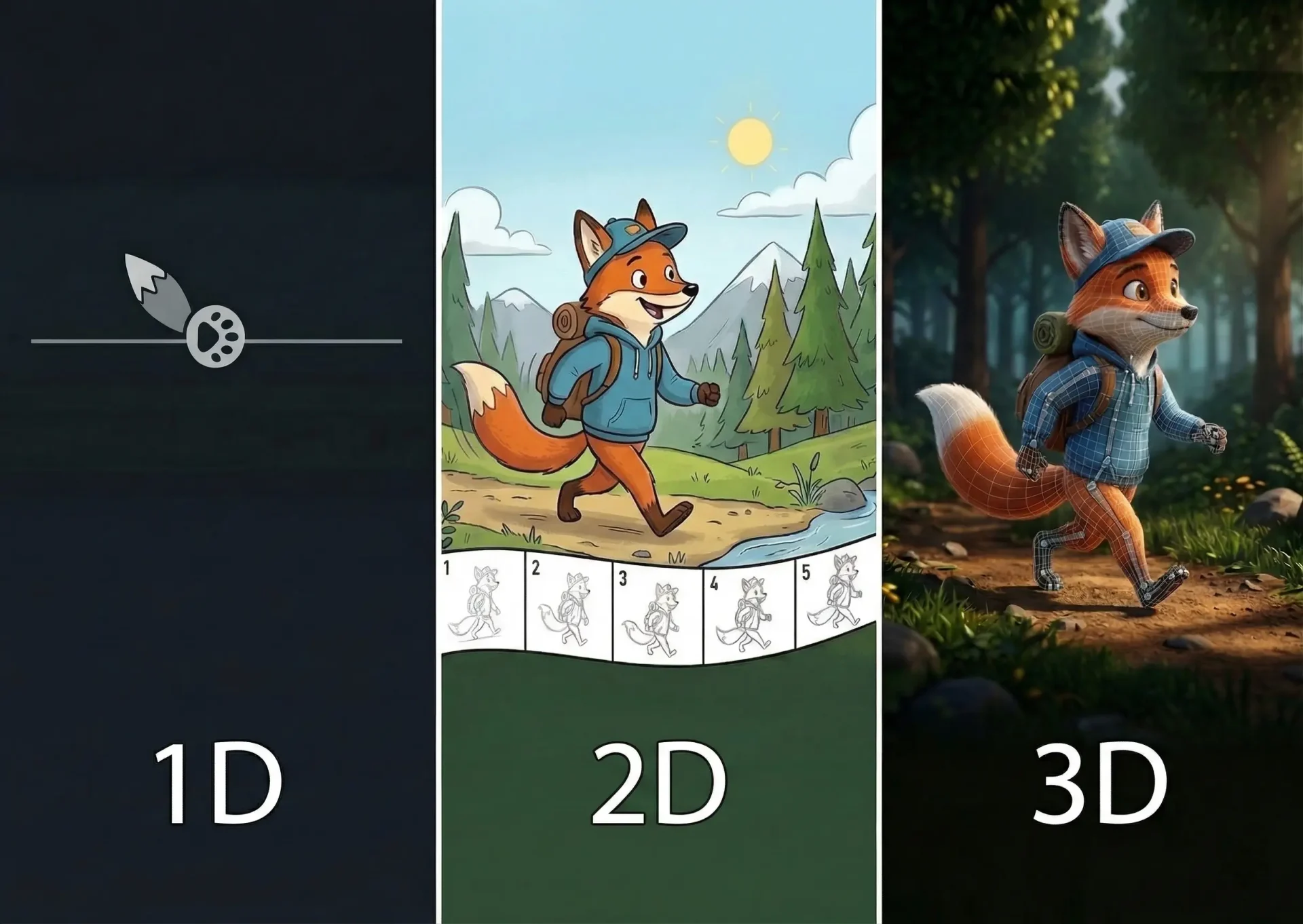 Visual comparison of 1D, 2D, and 3D animation styles using a fox character to illustrate technical differences.
