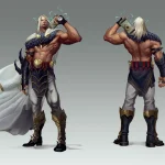 A detailed concept art sheet with front and back views of a barbarian warrior unit, plus weapons and armor details.