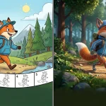 Comparison of 2D hand-drawn and 3D rigged fox character animation styles in a forest setting.