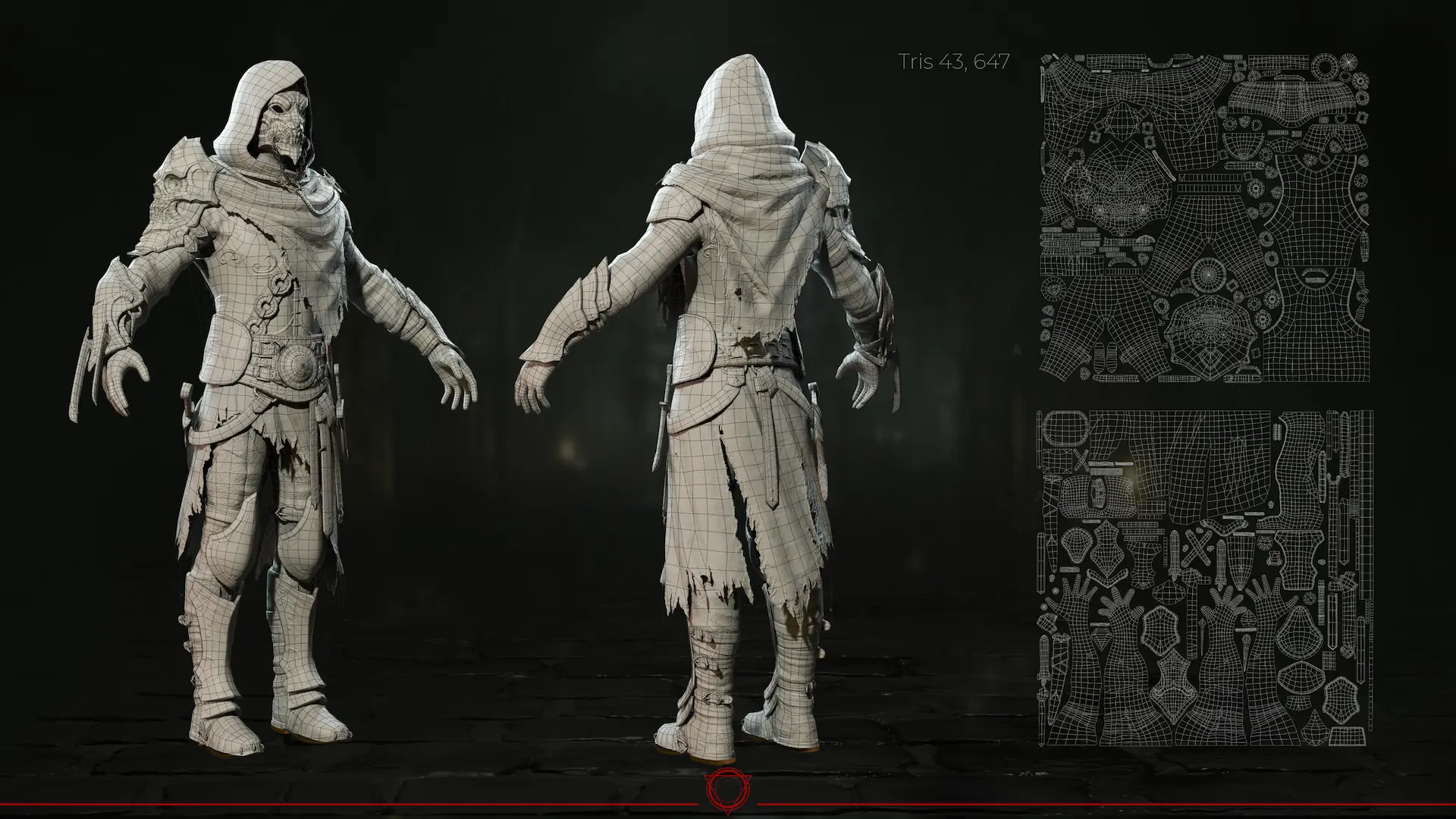 3D character wireframe and UV map layout illustrating the game art pipeline for a hooded skeleton warrior.