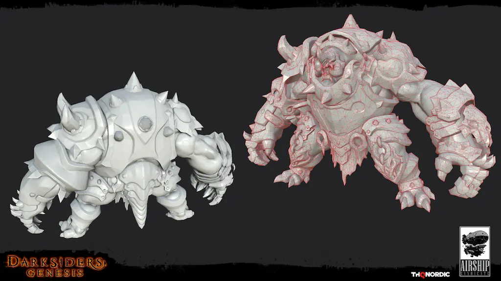 Split view comparison of smooth high-poly and wireframe low-poly 3D models for an armored demon character, Darksiders Genesis.