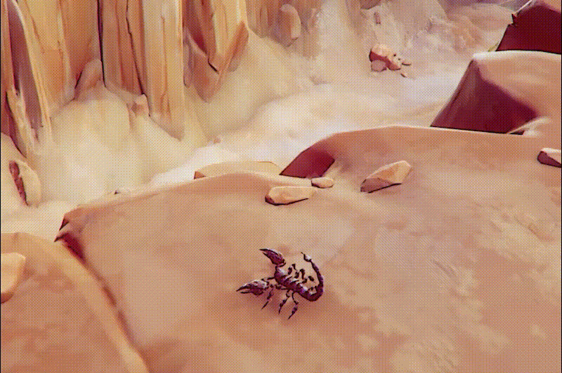 GIF showing a seamless transition from a 3D animated scorpion to a 2D hand-drawn style, illustrating mixed animation.