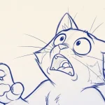 Blue pencil sketch of a shocked cat looking up, illustrating expressive staging and character layout in animation.