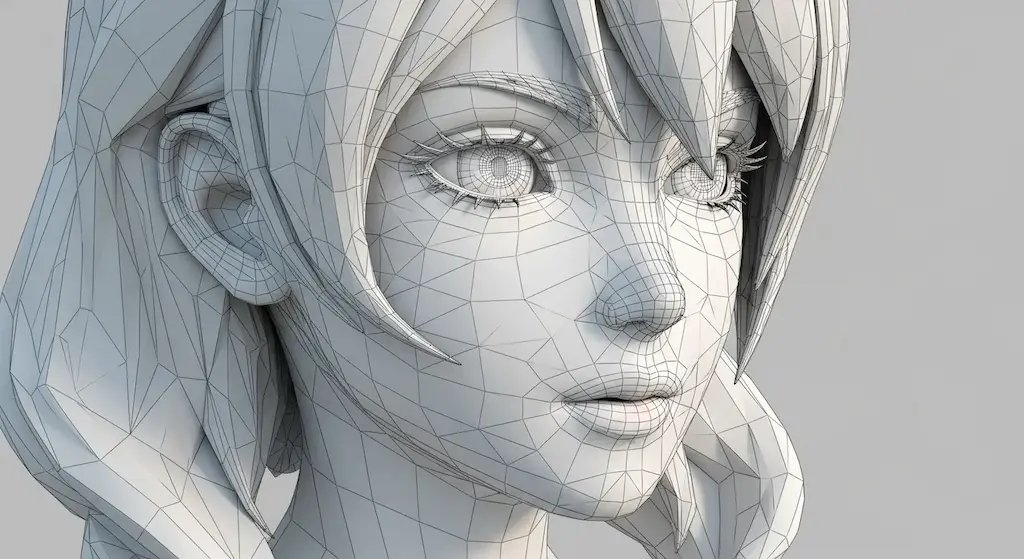 3D anime face wireframe showing simplified topology loops that maintain high-quality animation functionality.