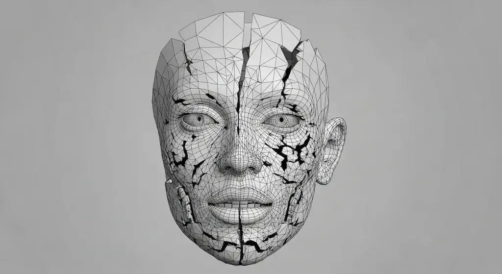 Severely cracked 3D female face mesh, with fragmented geometry and broken edge loops. Bad topology example.