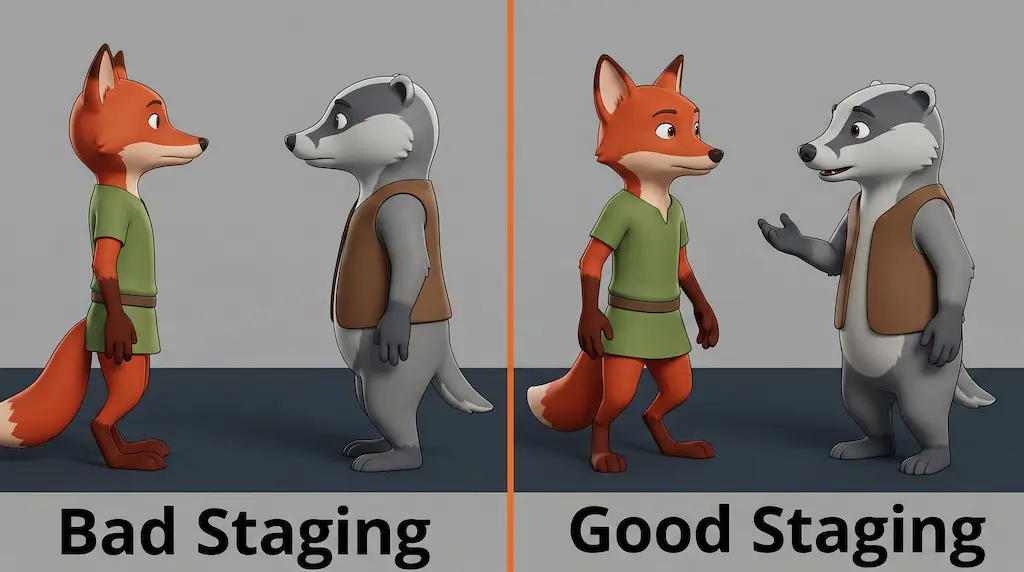 Comparison of bad and good animation staging with fox and badger characters to show clear silhouette and posing.