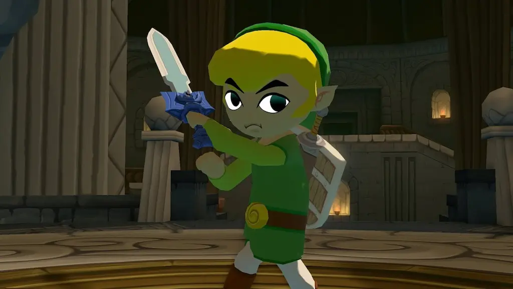 Cel-shaded 2D art style featuring Toon Link, showing flat colors and bold outlines for a cartoon-like appearance.