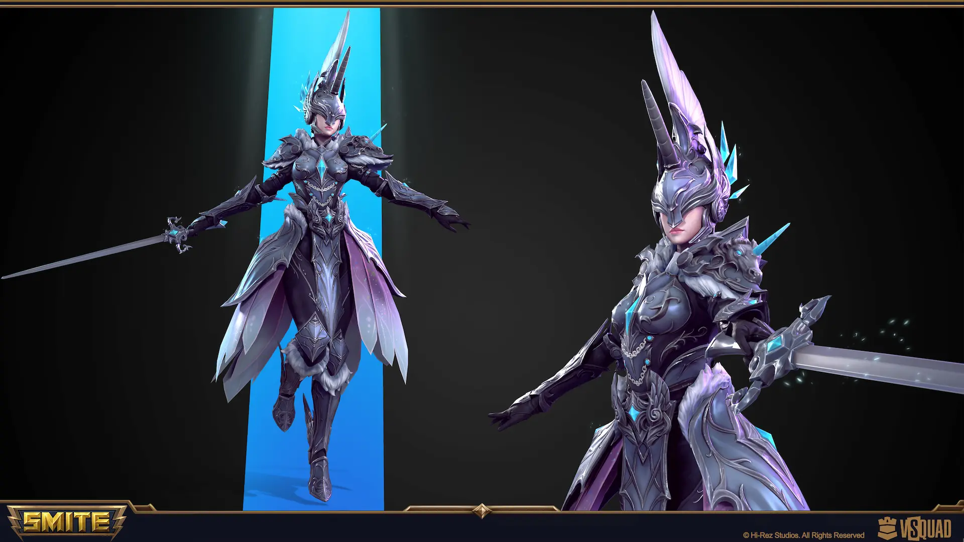 Dynamic 3D render of Chang'e House Unicorn skin for SMITE, featuring magical glowing effects and a crystal sword.