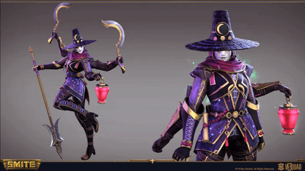 GIF of multi-armed cosmic goddess from Smite, showing how visual details convey character identity and lore.