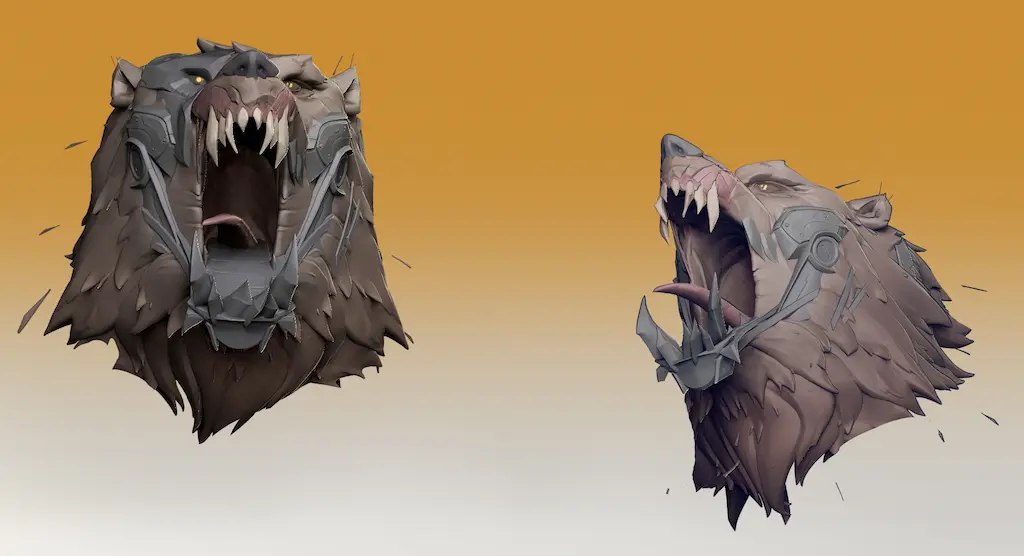 Stylized 3D cybernetic bear head with open mouth, illustrating facial structures for character animation topology.