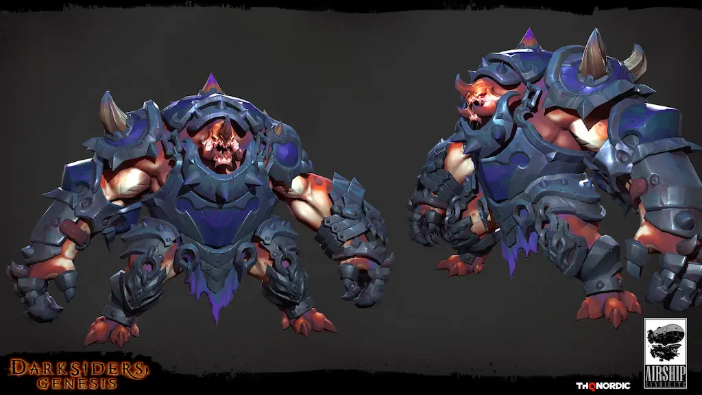 Darksiders Genesis creature: Dark blue armor contrasted with a bright orange glowing core, demonstrating design readability.