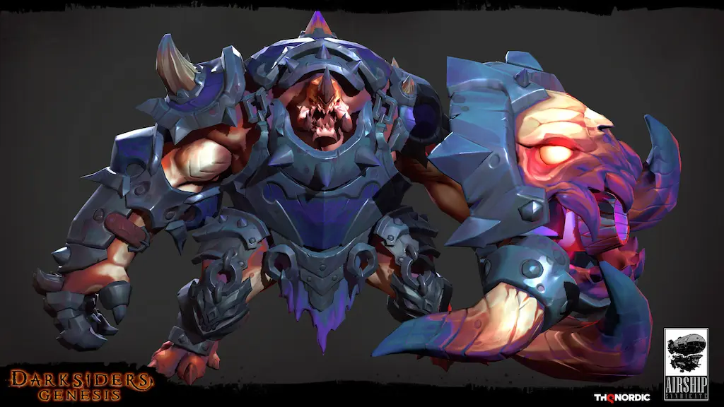 Detailed 3D model of a Darksiders Genesis beast creature with intricate blue armor and a massive claw weapon.