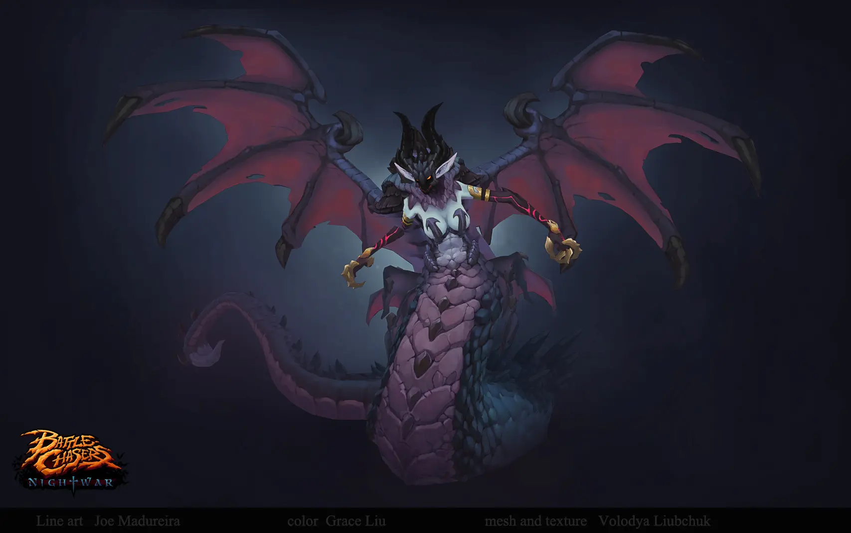 3D character render of Destra from Battle Chasers Nightwar, a purple winged naga with a serpentine body and horns.