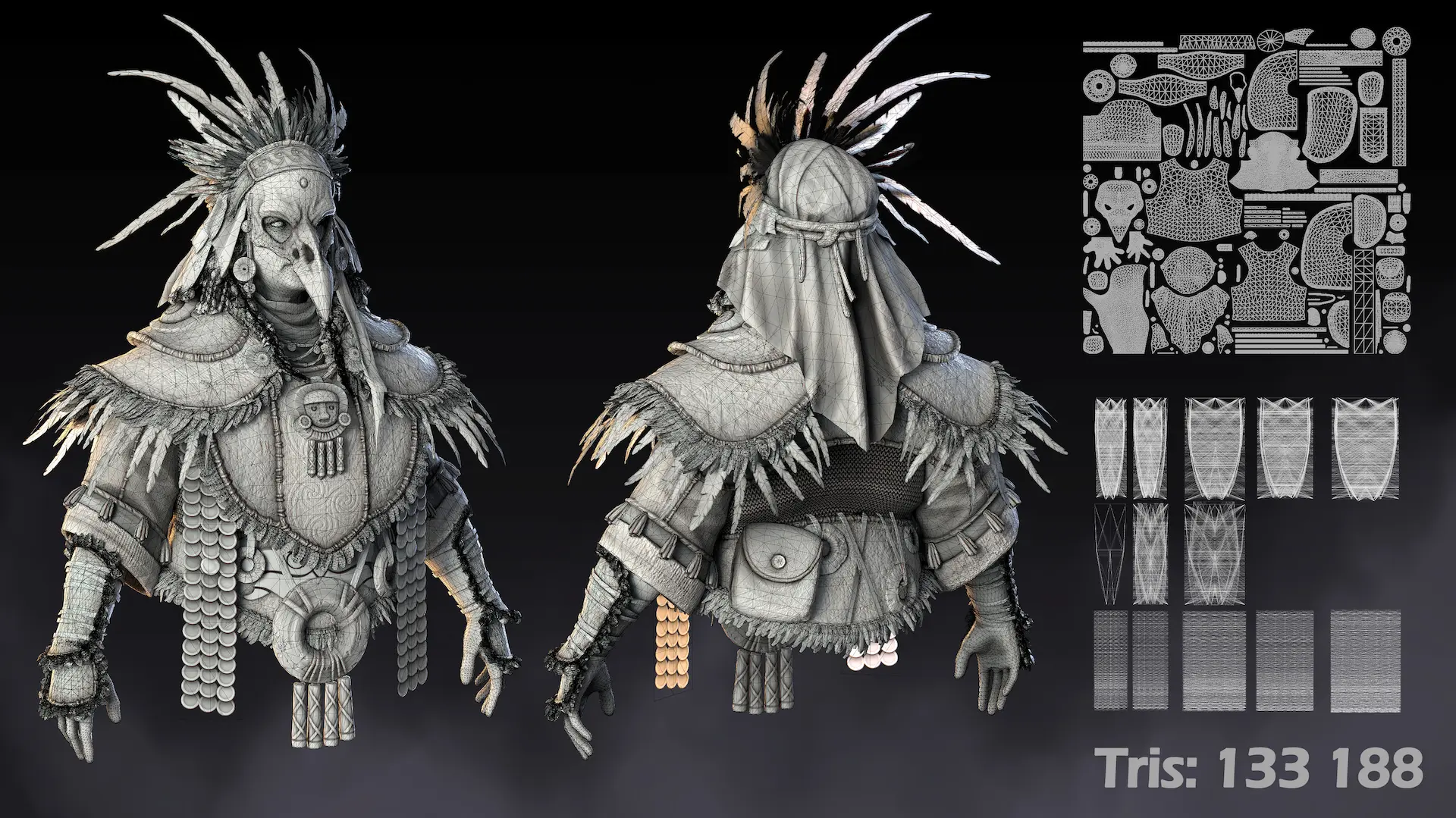 Technical breakdown of Druid 3D model: wireframe, UV layout, and 133k tris polycount. Optimized game art.