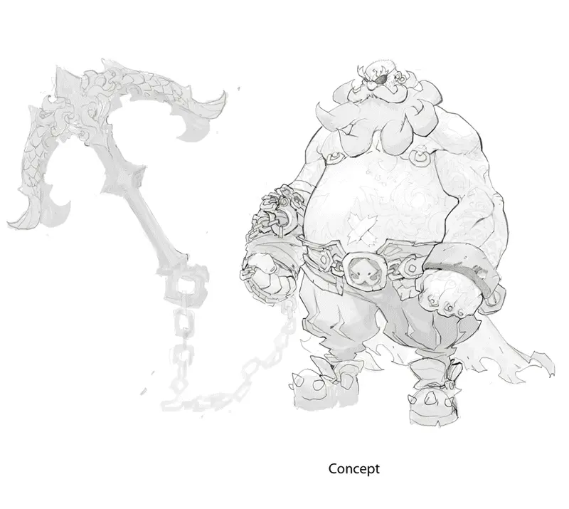 Detailed pencil sketch concept art of a dwarf pirate character with an ornate anchor weapon for a 3D game.
