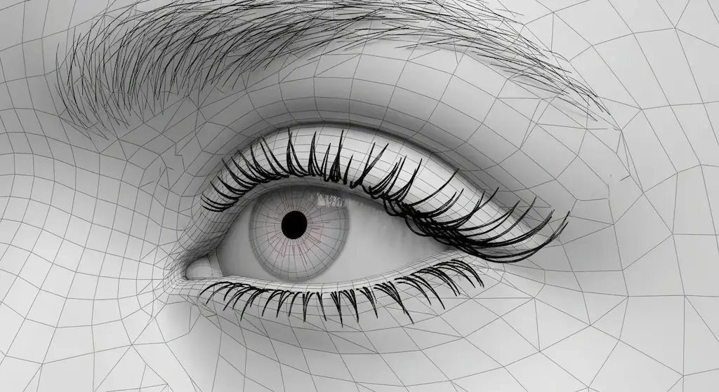 3D wireframe mesh of a realistic human eye, showing edge loop topology for the eyelids and orbital area.