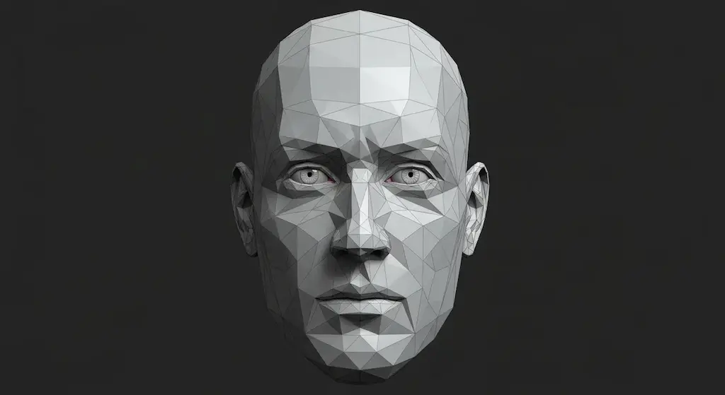 Simplified faceted human head bust illustrating foundational plane changes for general framework development.