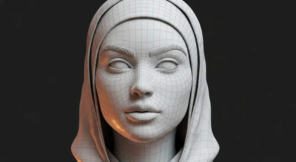 Clean 3D female face wireframe, with organized edge loops for animation. Good topology example.