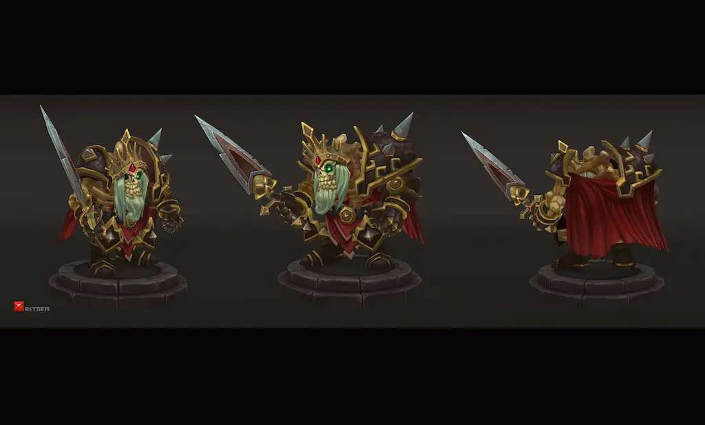 Hand-painted 3D skeleton knight model, showcasing artistic texture-driven stylized game art.