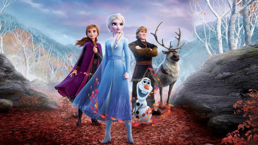 A high-quality 3D still from Frozen 2, demonstrating complex CG character models, texturing, and lighting.