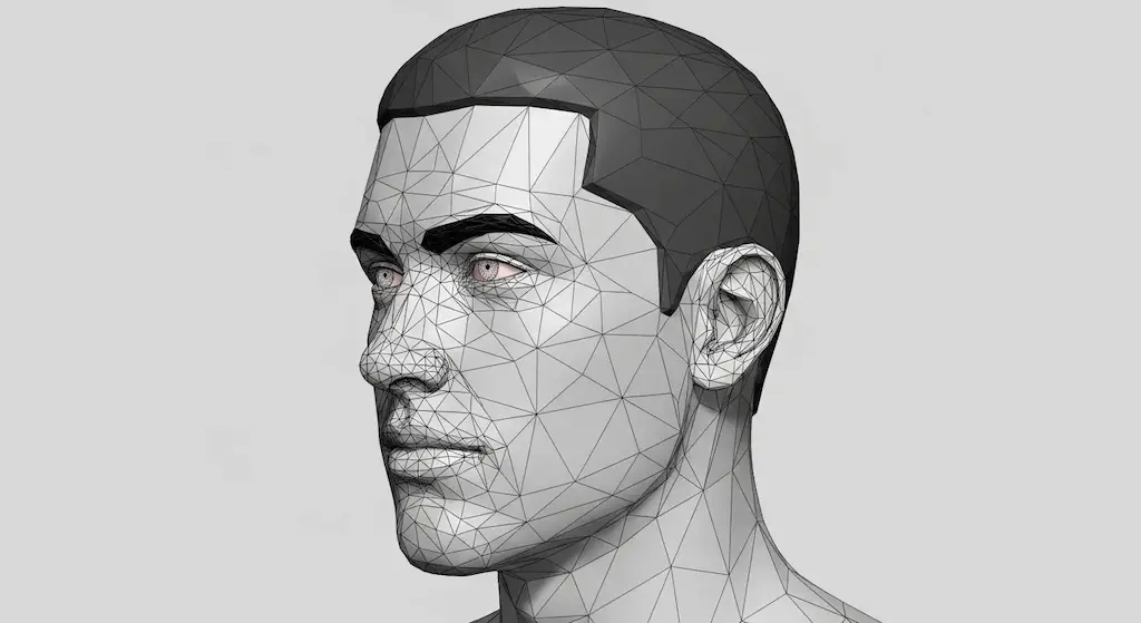 Faceted low-poly male face mesh, illustrating the results of efficient face retopology for games.