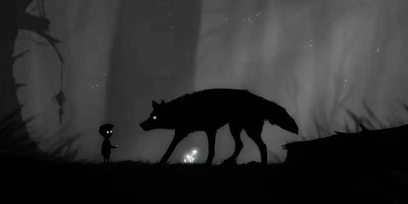 Silhouette monochrome 2D art style with a boy and a wolf, emphasizing atmospheric and minimalist game visuals.