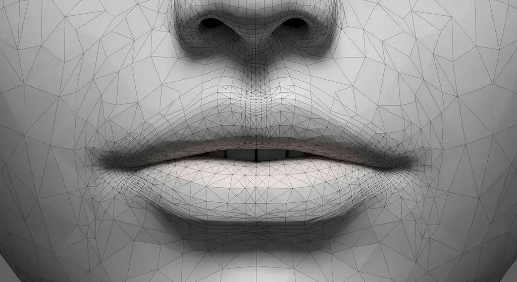 3D wireframe mesh of a mouth showing essential edge loops and topology for high-deformation character animation.